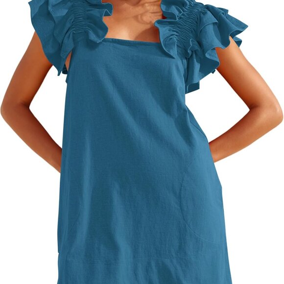 Summer Cotton Square Neck Mini Dress with Ruffle Sleeves and Pockets - Picture 1 of 5